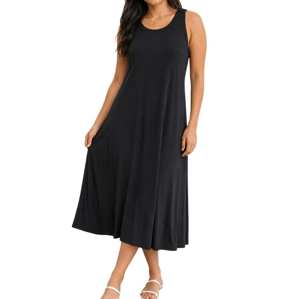 A New Day Black Midi Tank Dress M Sleeveless Stretch Minimalist LBD